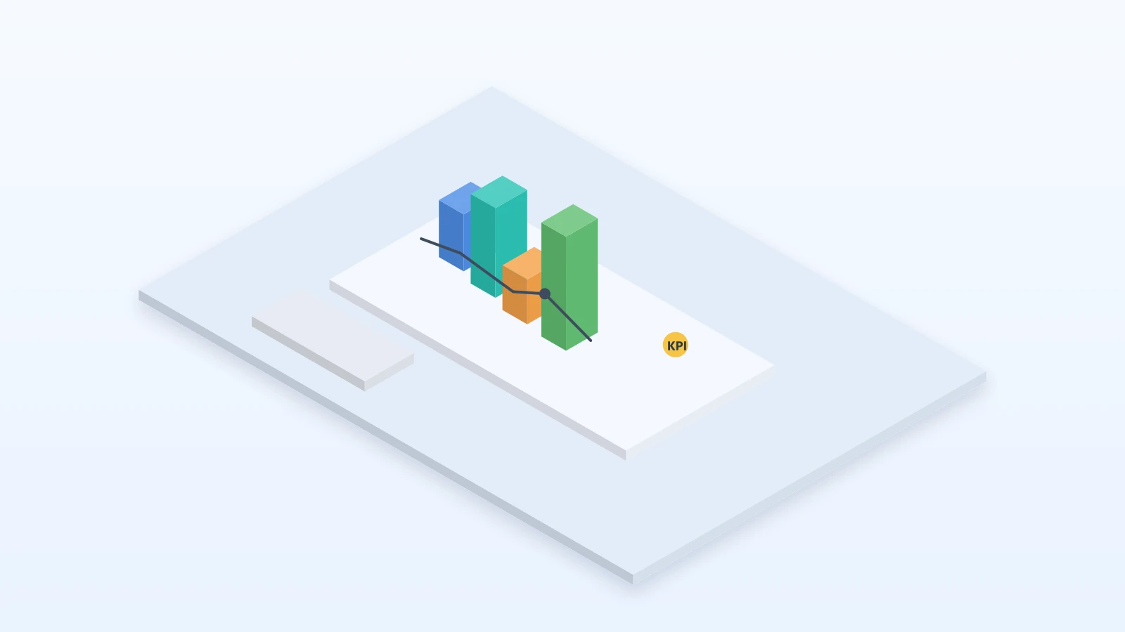 Dashboard 3D isometrico de analytics com barras, linha de tendencia e KPI