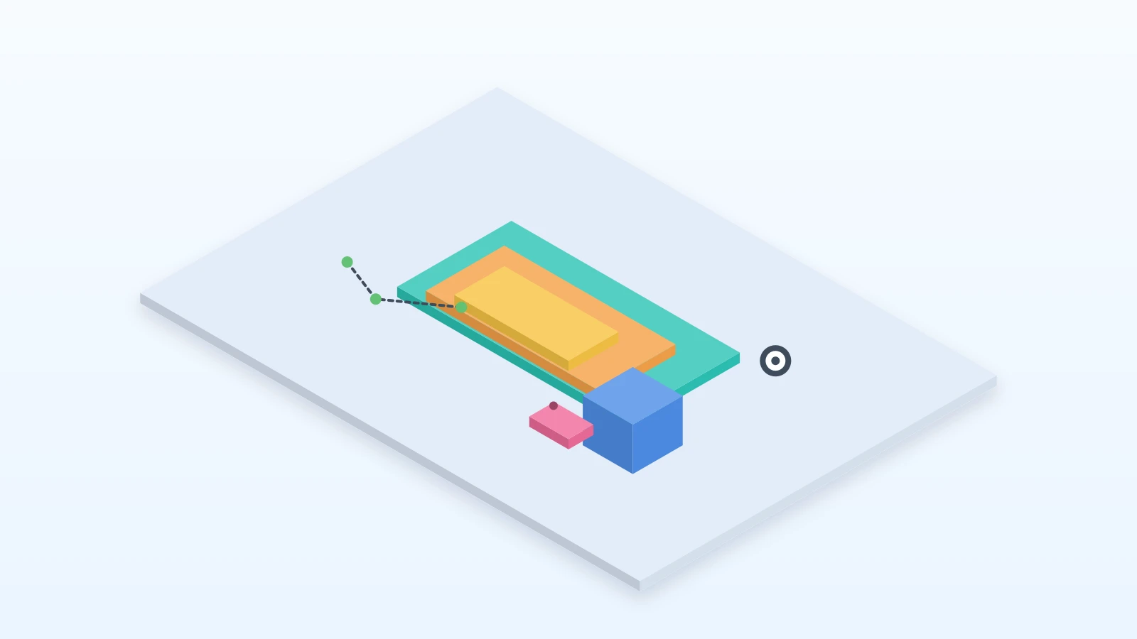 Camadas 3D isometricas de tracking com alvo, tags e caminho de eventos