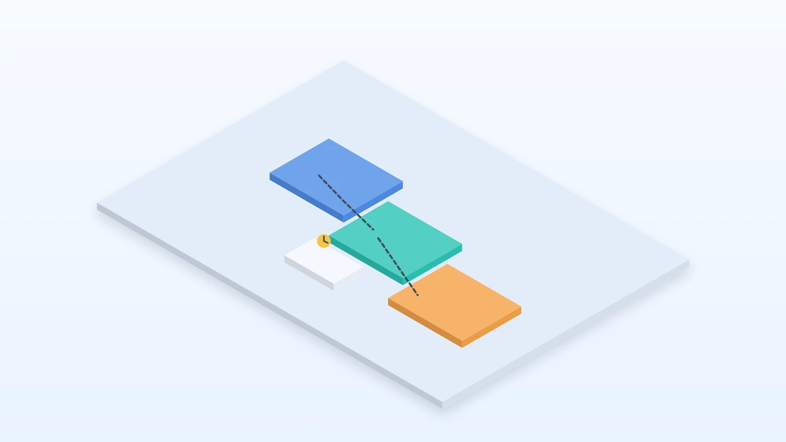Isometric workflow tiles connected by dashed paths and a clock